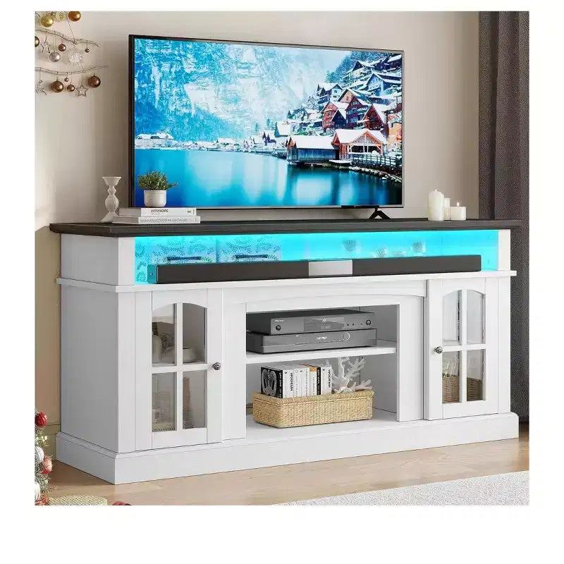 LED TV Stand Cabinet with Power Outlets, Entertainment Center for TVs up to 65", Adjustable Shelves & Glass Doors