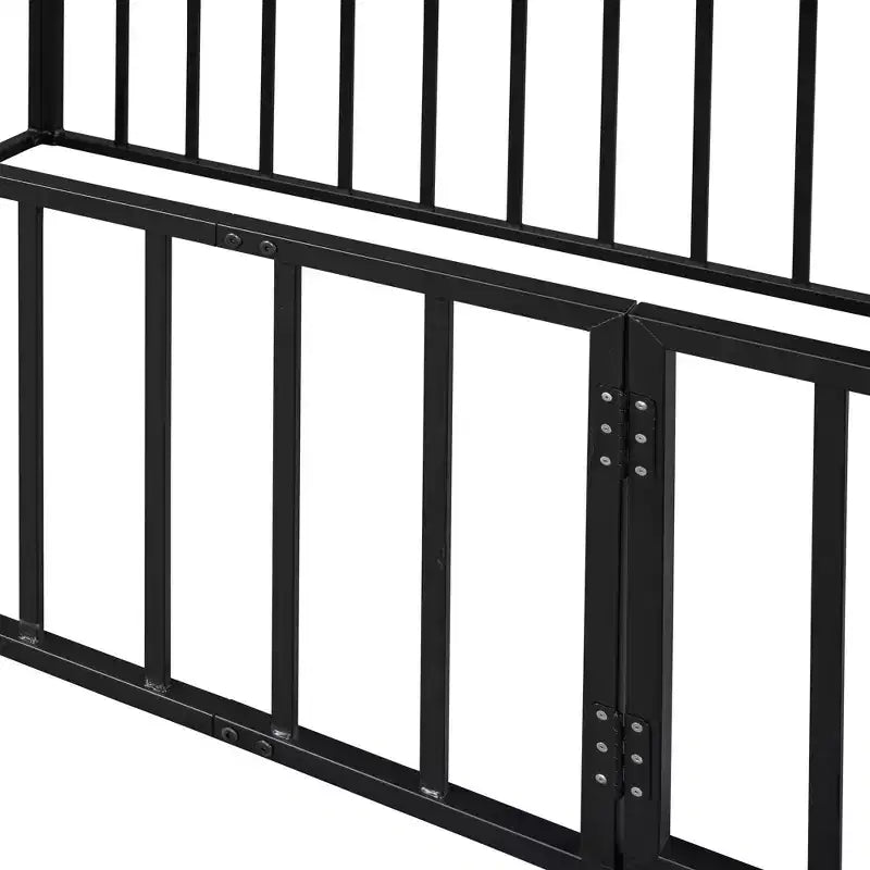Kids Metal Montessori Floor Bed with Rails, Door & Fence-Shaped Guardrails, Twin/Full/Queen