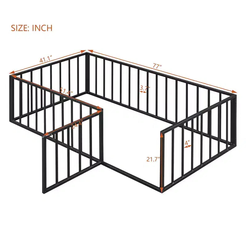 Kids Metal Montessori Floor Bed with Rails, Door & Fence-Shaped Guardrails, Twin/Full/Queen