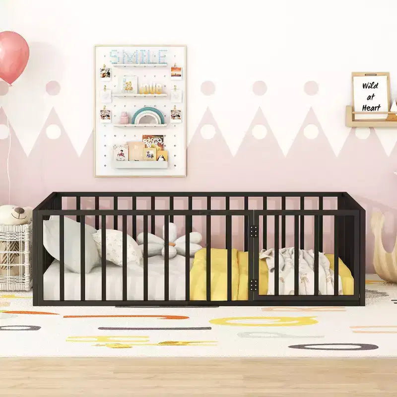 Kids Metal Montessori Floor Bed with Rails, Door & Fence-Shaped Guardrails, Twin/Full/Queen