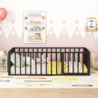 Kids Metal Montessori Floor Bed with Rails, Door & Fence-Shaped Guardrails, Twin/Full/Queen