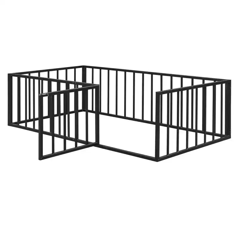 Kids Metal Montessori Floor Bed with Rails, Door & Fence-Shaped Guardrails, Twin/Full/Queen