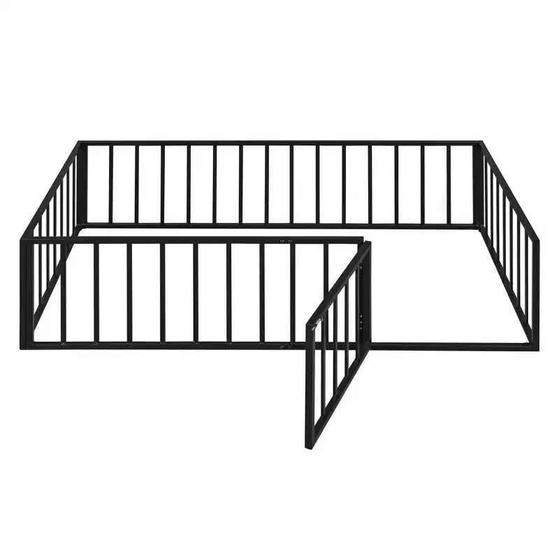 Kids Metal Montessori Floor Bed with Rails, Door & Fence-Shaped Guardrails, Twin/Full/Queen