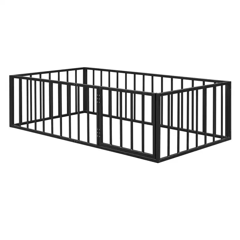 Kids Metal Montessori Floor Bed with Rails, Door & Fence-Shaped Guardrails, Twin/Full/Queen