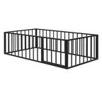 Kids Metal Montessori Floor Bed with Rails, Door & Fence-Shaped Guardrails, Twin/Full/Queen