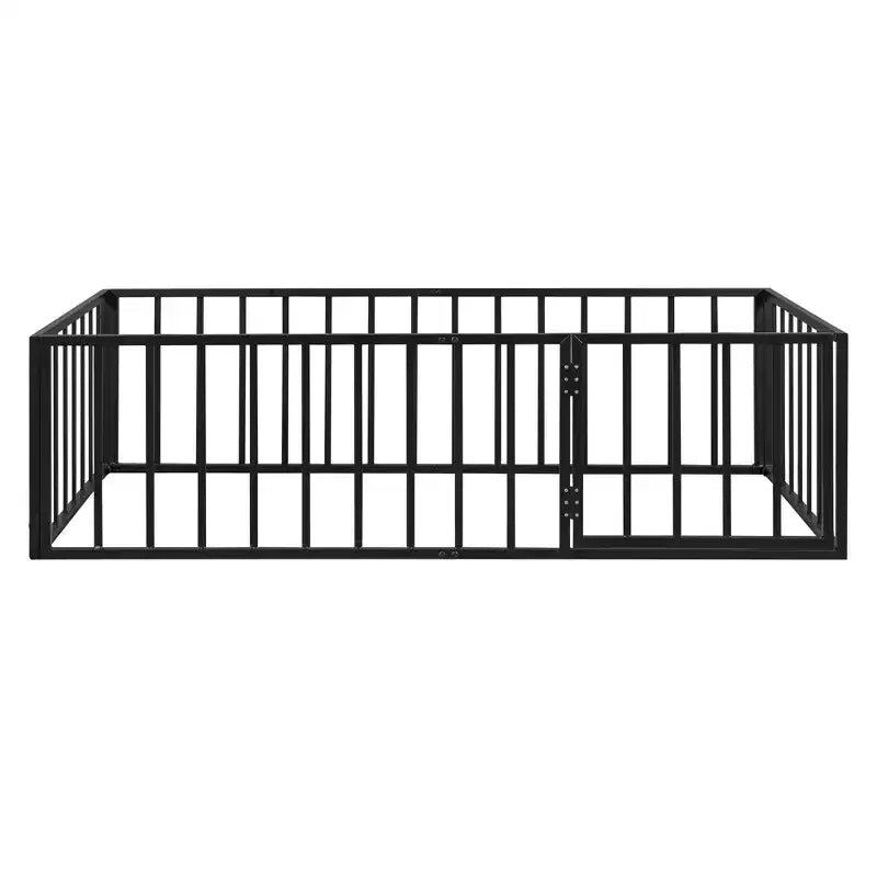 Kids Metal Montessori Floor Bed with Rails, Door & Fence-Shaped Guardrails, Twin/Full/Queen