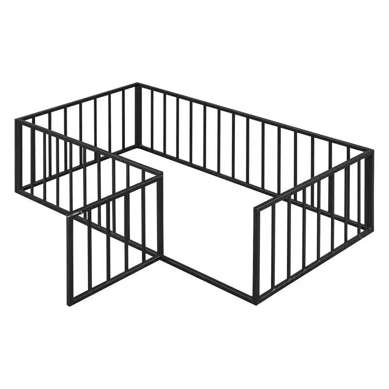 Kids Metal Montessori Floor Bed with Rails, Door & Fence-Shaped Guardrails, Twin/Full/Queen