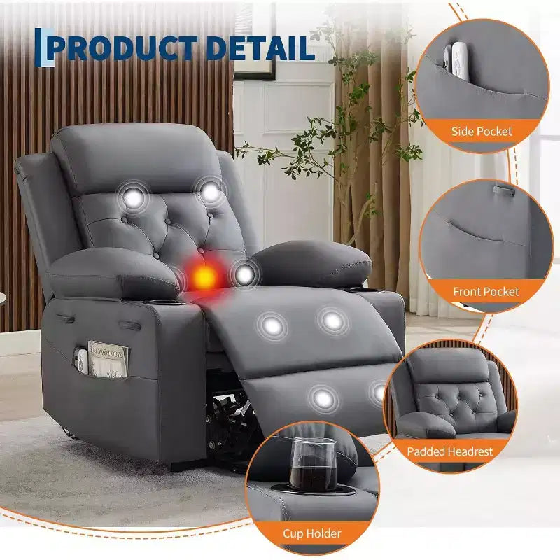 Oversized Power Lift Recliner Chair with Massage, Heating, Cup Holders & Side Pockets, Living Room