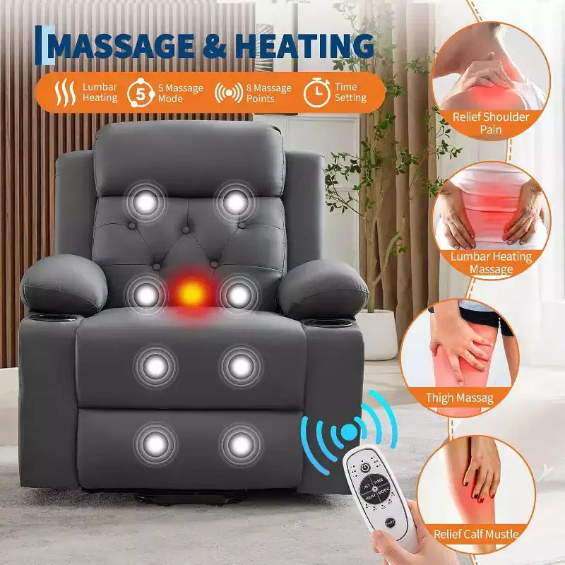 Oversized Power Lift Recliner Chair with Massage, Heating, Cup Holders & Side Pockets, Living Room