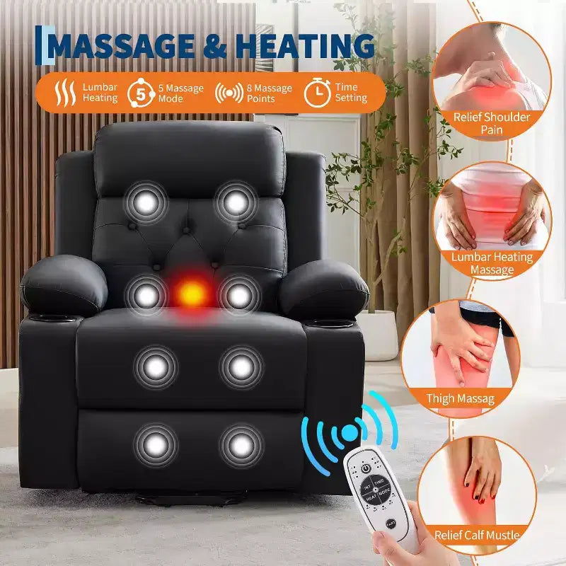 Oversized Power Lift Recliner Chair with Massage, Heating, Cup Holders & Side Pockets, Living Room
