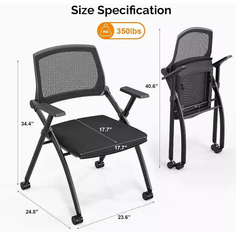Stackable Conference Room Chair with Wheels, Folding Office Chair with Rebound Back & Padded Seat, Black