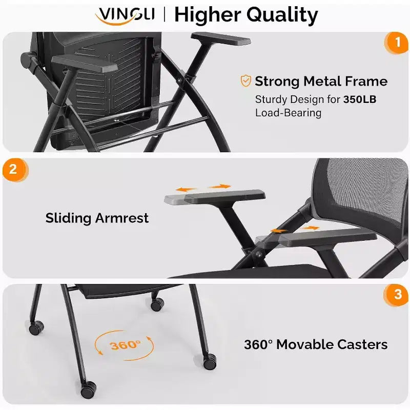 Stackable Conference Room Chair with Wheels, Folding Office Chair with Rebound Back & Padded Seat, Black