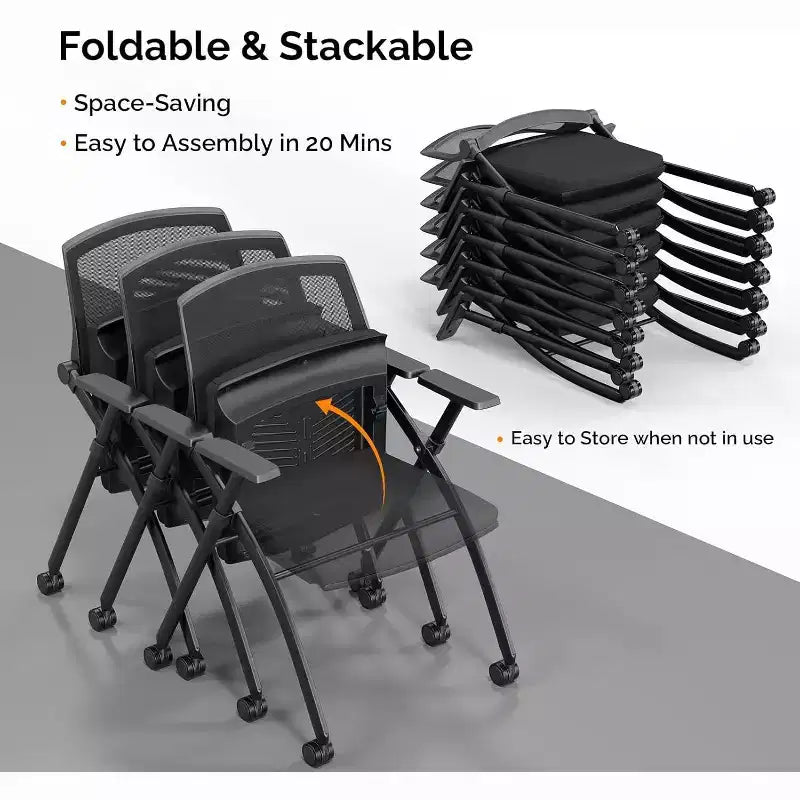 Stackable Conference Room Chair with Wheels, Folding Office Chair with Rebound Back & Padded Seat, Black