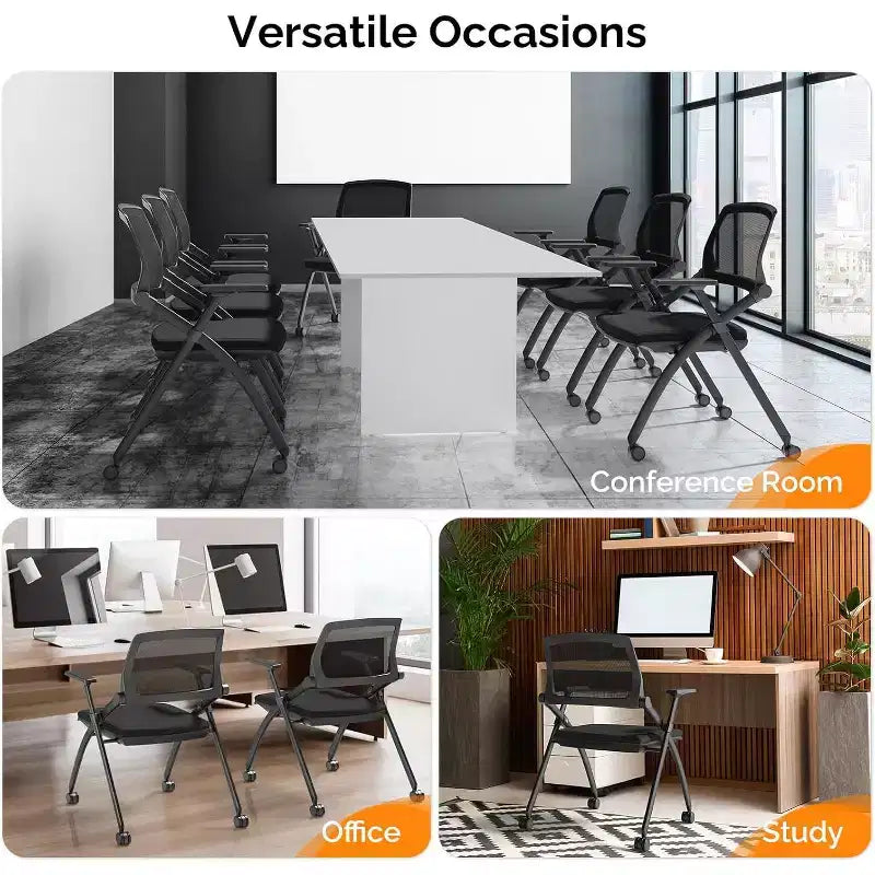 Stackable Conference Room Chair with Wheels, Folding Office Chair with Rebound Back & Padded Seat, Black