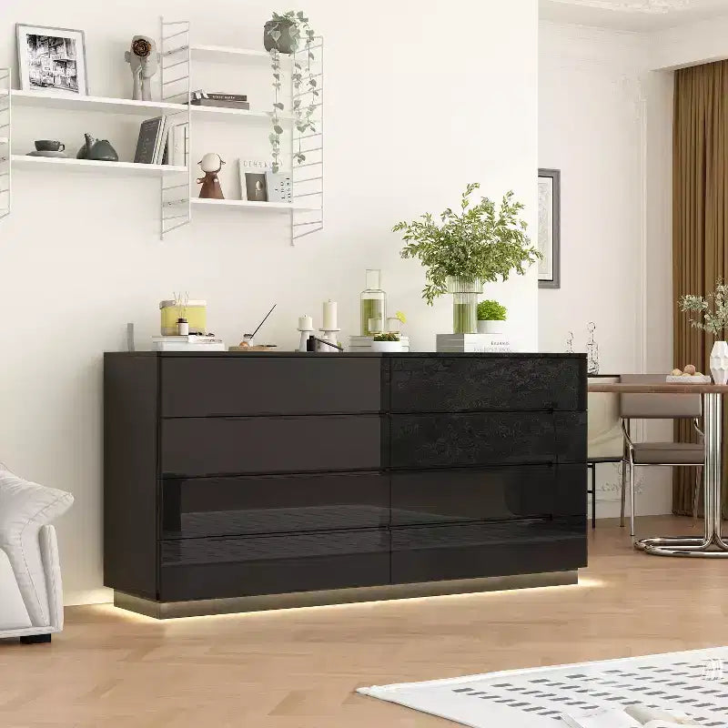 Modern 8-Drawer Chest with LED Base Lighting & High-Gloss Finish, Stylish Home Organizer