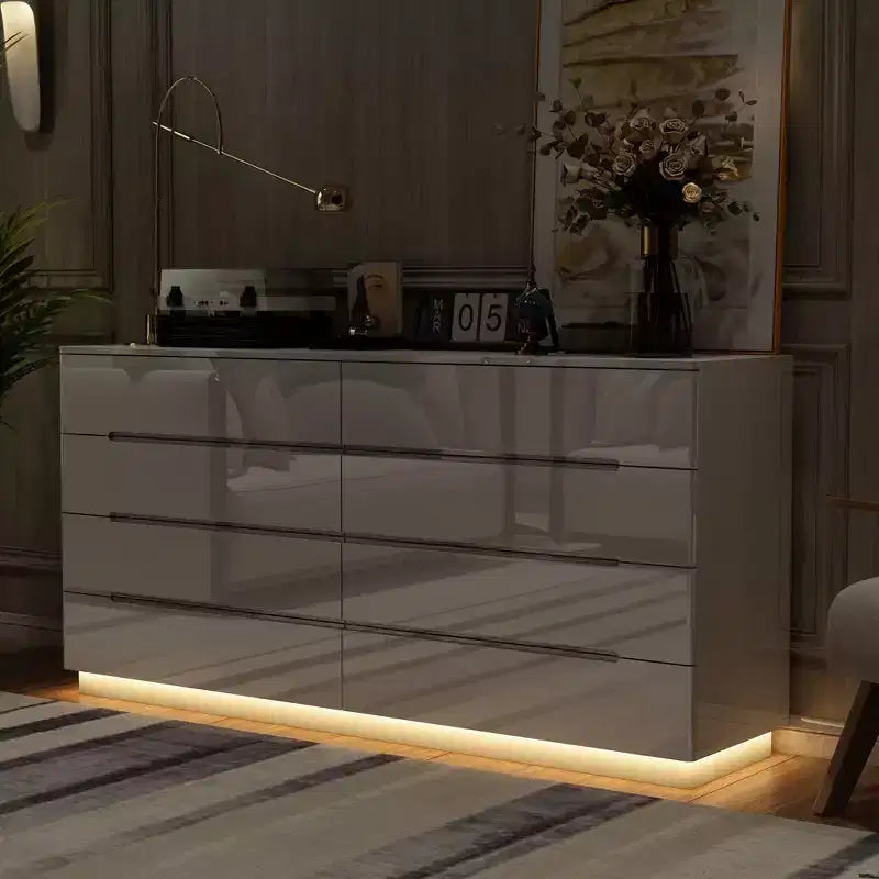 Modern 8-Drawer Chest with LED Base Lighting & High-Gloss Finish, Stylish Home Organizer