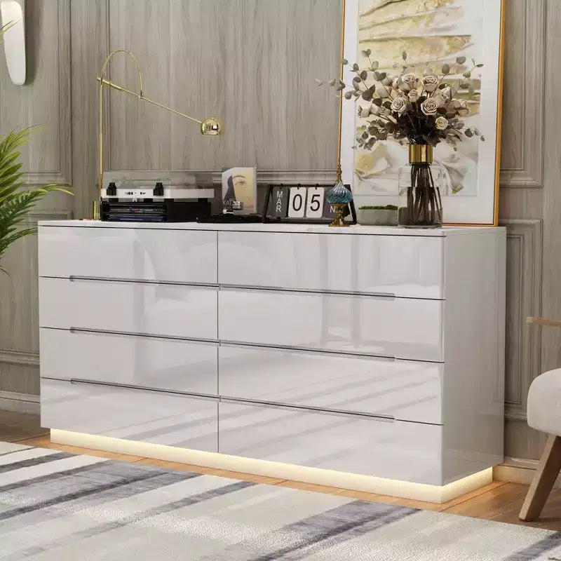Modern 8-Drawer Chest with LED Base Lighting & High-Gloss Finish, Stylish Home Organizer