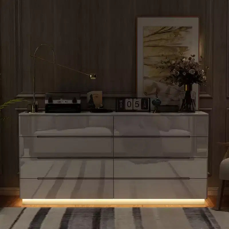 Modern 8-Drawer Chest with LED Base Lighting & High-Gloss Finish, Stylish Home Organizer