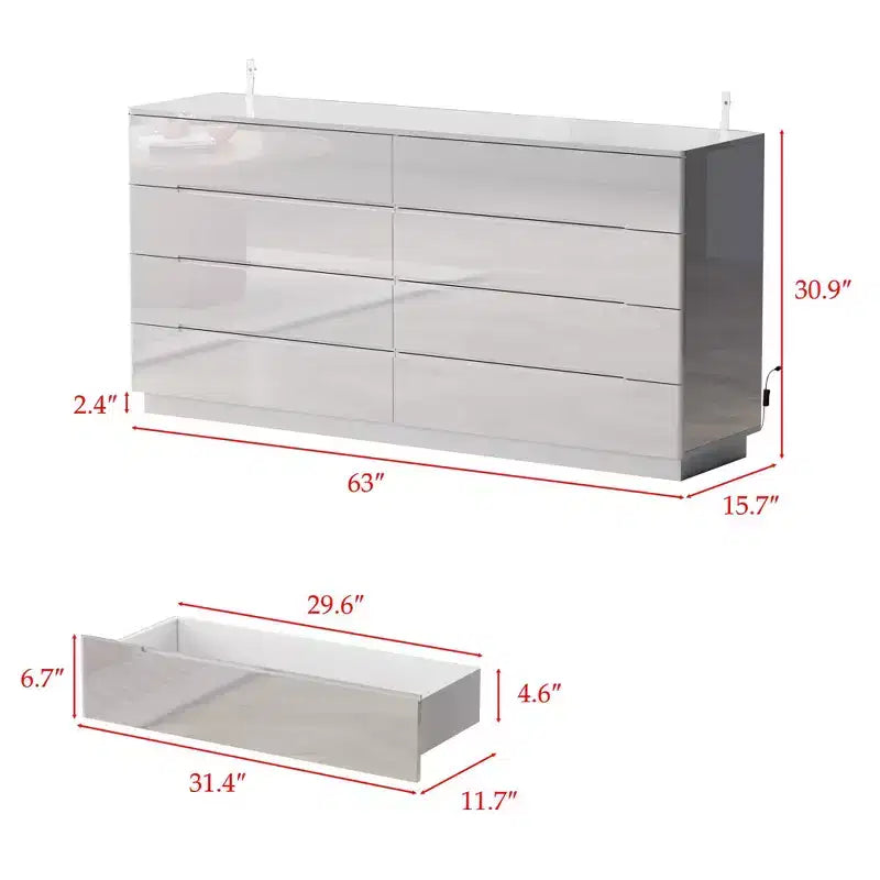 Modern 8-Drawer Chest with LED Base Lighting & High-Gloss Finish, Stylish Home Organizer