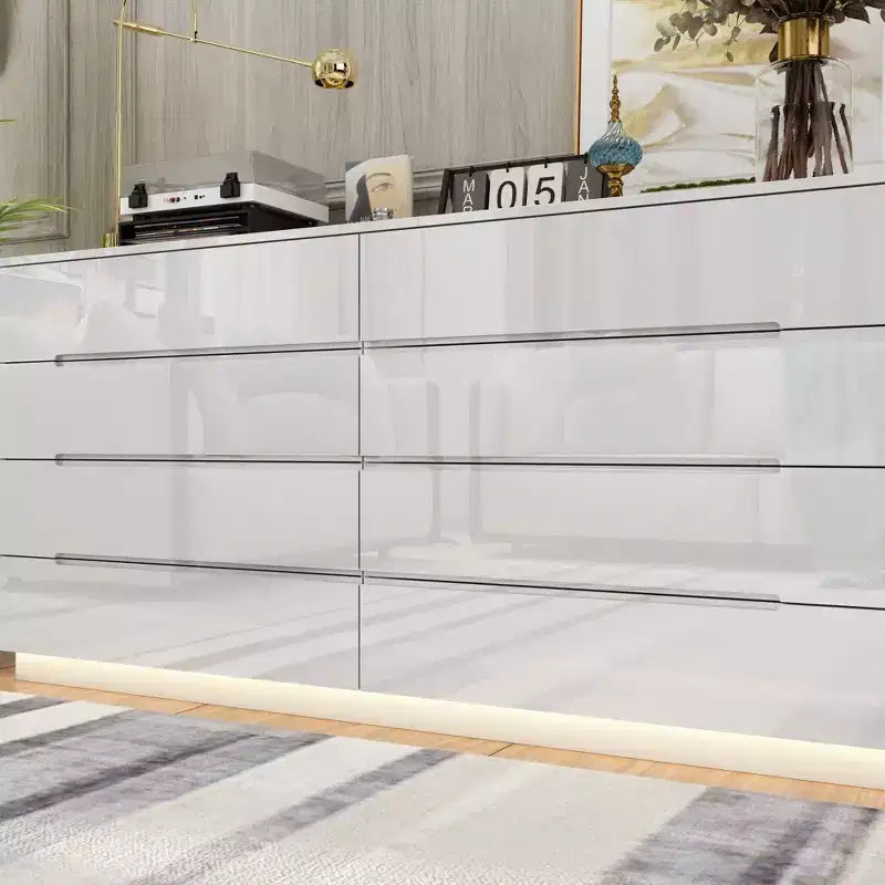Modern 8-Drawer Chest with LED Base Lighting & High-Gloss Finish, Stylish Home Organizer