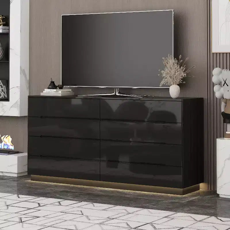 Modern 8-Drawer Chest with LED Base Lighting & High-Gloss Finish, Stylish Home Organizer