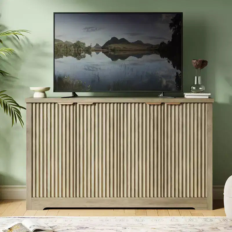 Modern Fluted 4-Door Accent Sideboard Buffet with Shelves, Wood Storage Console for Living Room