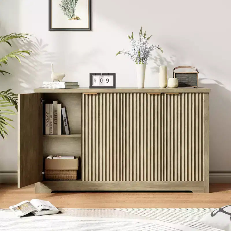 Modern Fluted 4-Door Accent Sideboard Buffet with Shelves, Wood Storage Console for Living Room