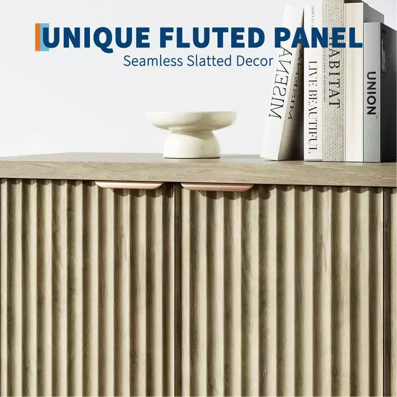 Modern Fluted 4-Door Accent Sideboard Buffet with Shelves, Wood Storage Console for Living Room