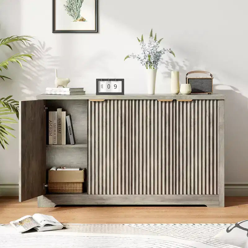 Modern Fluted 4-Door Accent Sideboard Buffet with Shelves, Wood Storage Console for Living Room