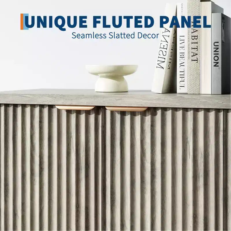 Modern Fluted 4-Door Accent Sideboard Buffet with Shelves, Wood Storage Console for Living Room