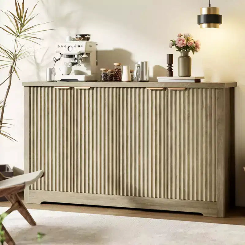 Modern Fluted 4-Door Accent Sideboard Buffet with Shelves, Wood Storage Console for Living Room