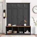 Entryway Hall Tree with Bench, 8 Cabinets, 4 Shoe Compartments & 4 Hooks, Black Mudroom Organizer