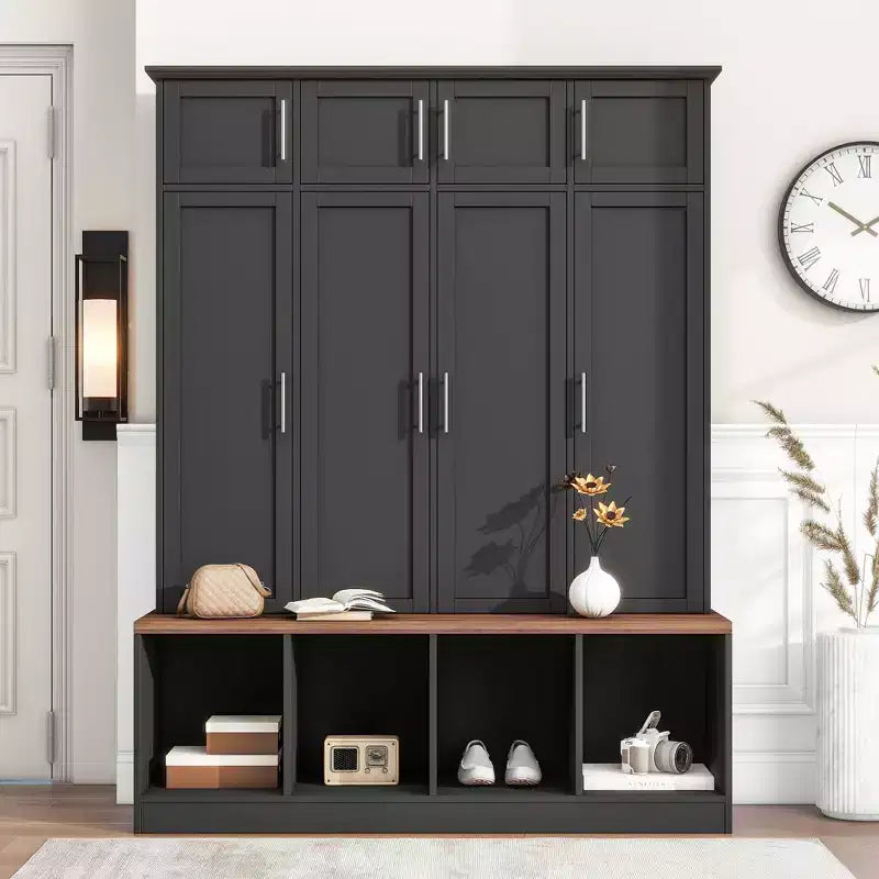 Entryway Hall Tree with Bench, 8 Cabinets, 4 Shoe Compartments & 4 Hooks, Black Mudroom Organizer