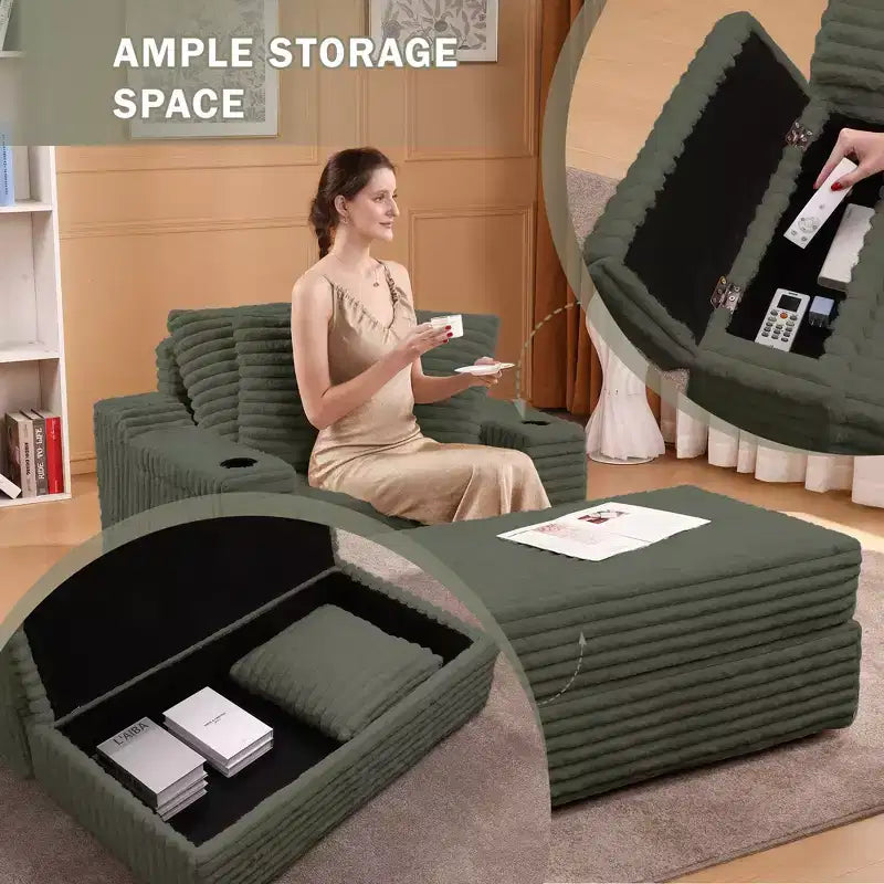 Oversized Chaise Lounge Chair, Corduroy Upholstered Cloud Couch with 3 Pillows & Storage Ottoman