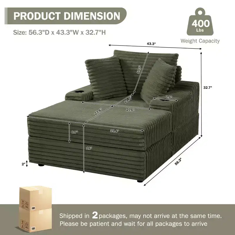 Oversized Chaise Lounge Chair, Corduroy Upholstered Cloud Couch with 3 Pillows & Storage Ottoman
