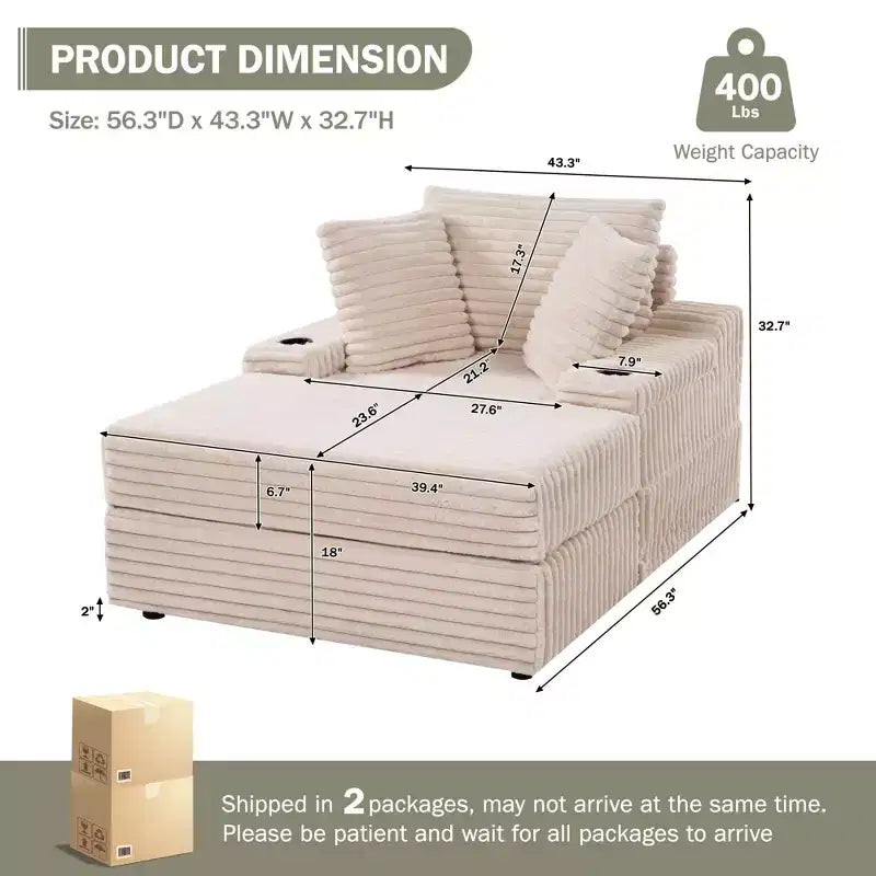 Oversized Chaise Lounge Chair, Corduroy Upholstered Cloud Couch with 3 Pillows & Storage Ottoman