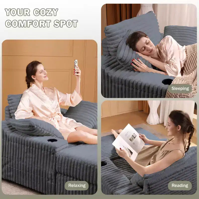 Oversized Chaise Lounge Chair, Corduroy Upholstered Cloud Couch with 3 Pillows & Storage Ottoman