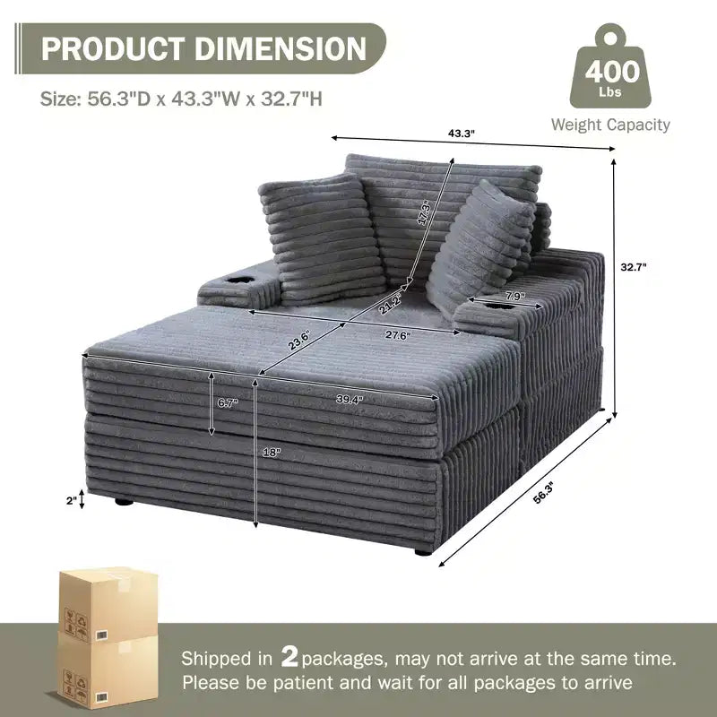 Oversized Chaise Lounge Chair, Corduroy Upholstered Cloud Couch with 3 Pillows & Storage Ottoman