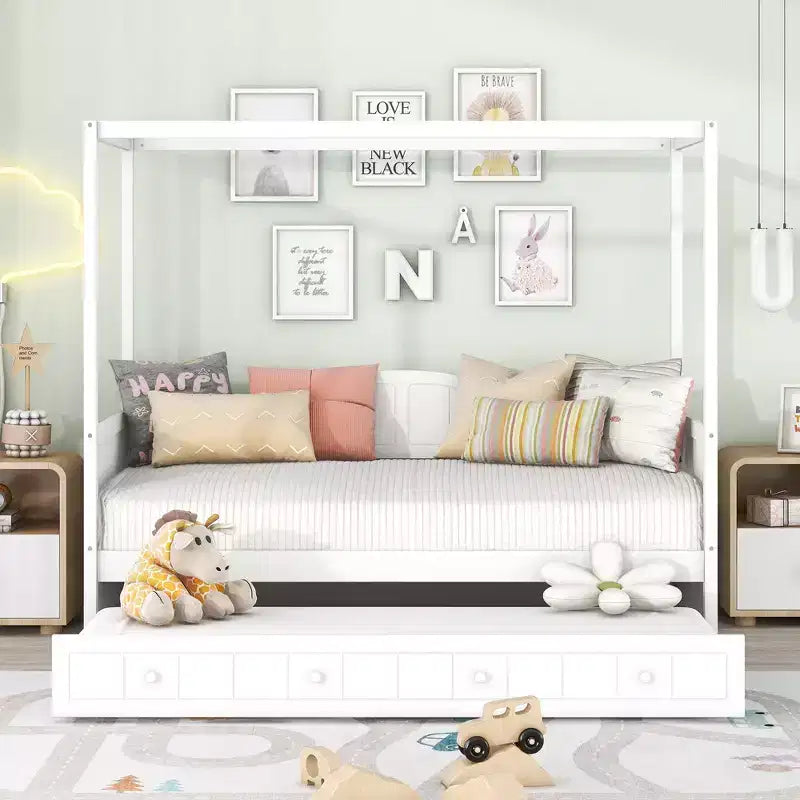 Twin Canopy Bed with Trundle, Wooden Daybed Frame with 4 Poster & Platform Bed, White