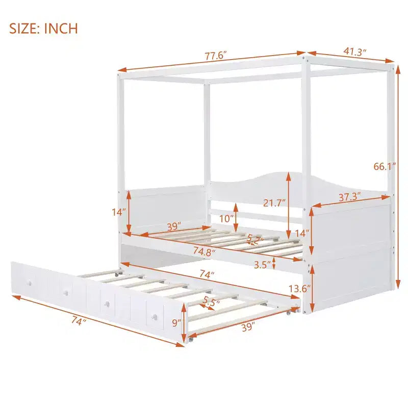 Twin Canopy Bed with Trundle, Wooden Daybed Frame with 4 Poster & Platform Bed, White