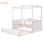 Twin Canopy Bed with Trundle, Wooden Daybed Frame with 4 Poster & Platform Bed, White