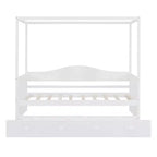 Twin Canopy Bed with Trundle, Wooden Daybed Frame with 4 Poster & Platform Bed, White