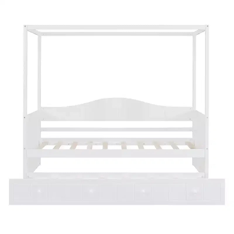 Twin Canopy Bed with Trundle, Wooden Daybed Frame with 4 Poster & Platform Bed, White