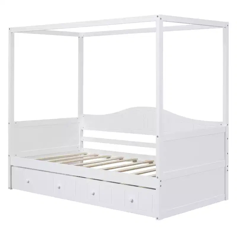 Twin Canopy Bed with Trundle, Wooden Daybed Frame with 4 Poster & Platform Bed, White