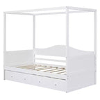 Twin Canopy Bed with Trundle, Wooden Daybed Frame with 4 Poster & Platform Bed, White