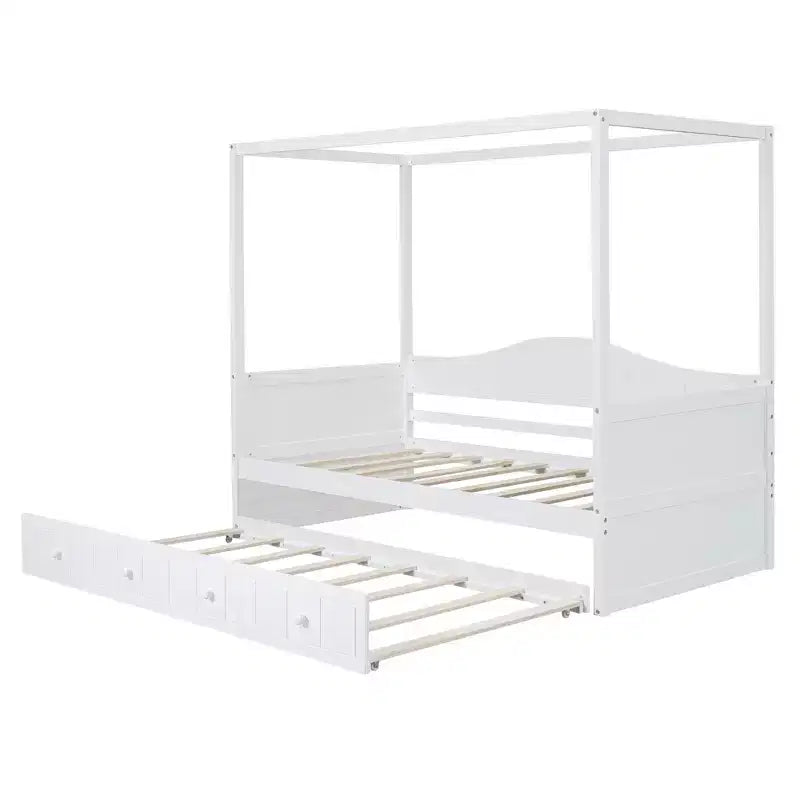 Twin Canopy Bed with Trundle, Wooden Daybed Frame with 4 Poster & Platform Bed, White