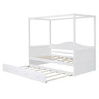 Twin Canopy Bed with Trundle, Wooden Daybed Frame with 4 Poster & Platform Bed, White