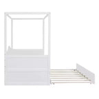 Twin Canopy Bed with Trundle, Wooden Daybed Frame with 4 Poster & Platform Bed, White