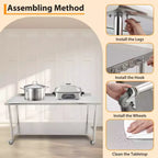 Stainless Steel Commercial Kitchen Worktable with Undershelf, Heavy-Duty Metal Prep Station