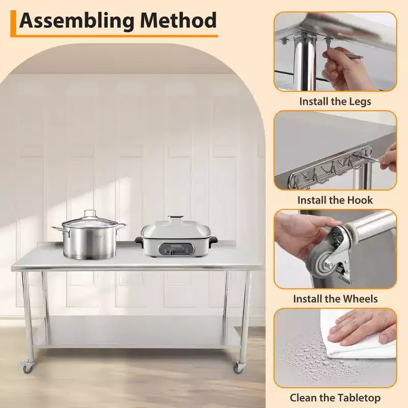 Stainless Steel Commercial Kitchen Worktable with Undershelf, Heavy-Duty Metal Prep Station